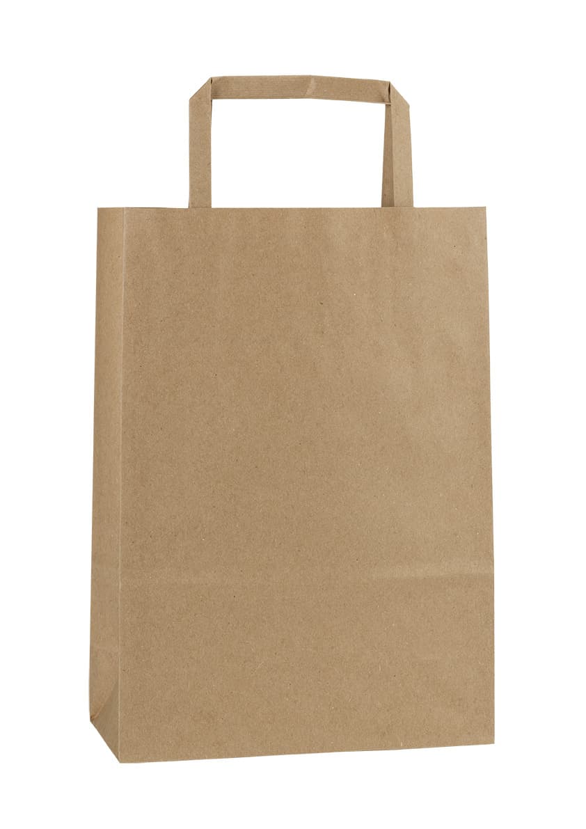 Papírová taška hnědá recyklovaná s hnědým plochým držadlem 18×8×25 cm