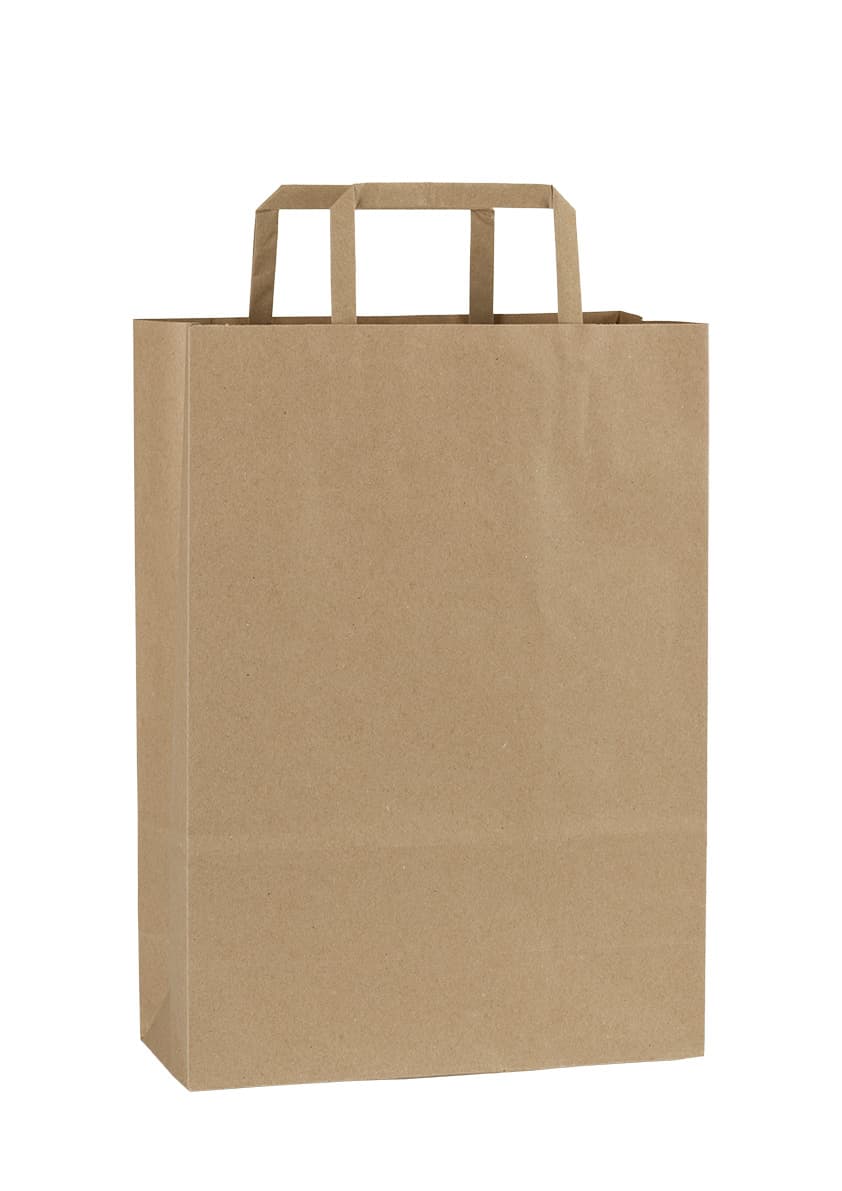 Papírová taška hnědá recyklovaná s hnědým plochým držadlem 23×10×32 cm