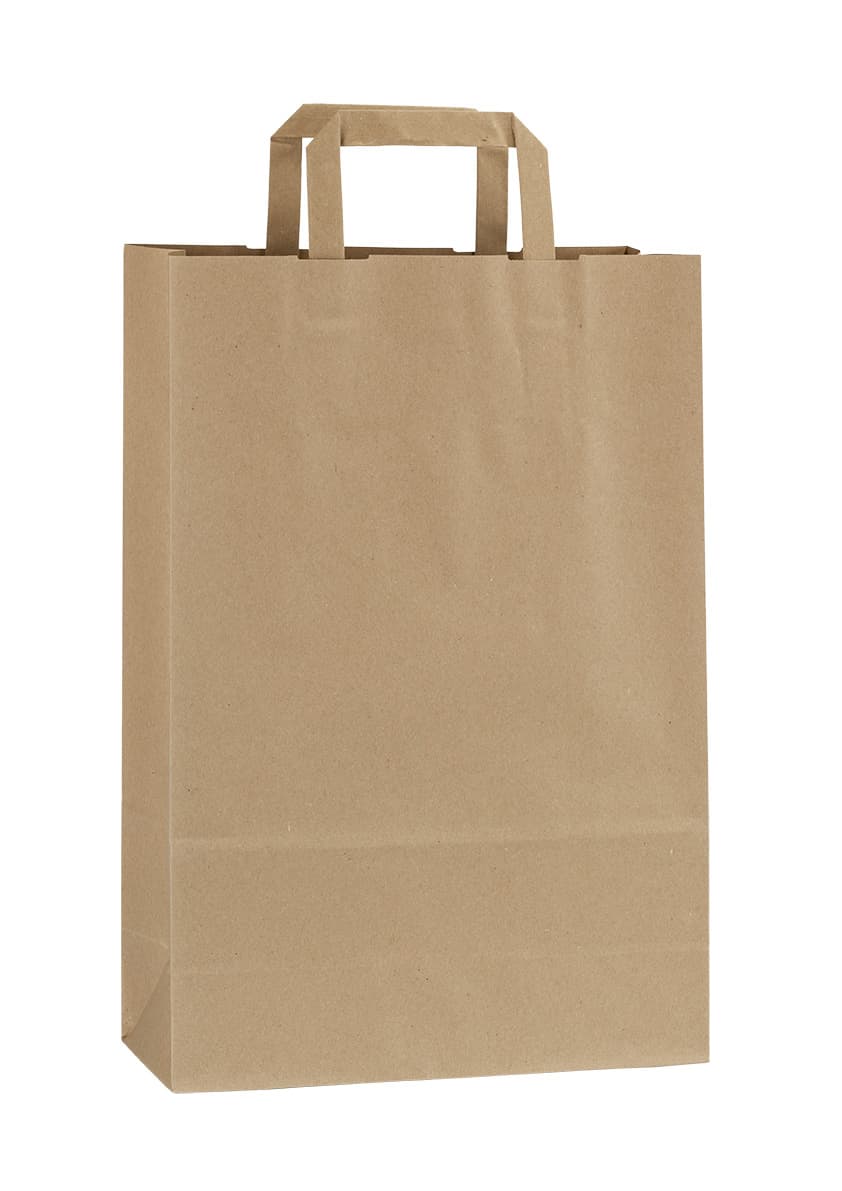 Papírová taška hnědá recyklovaná s hnědým plochým držadlem 26×11×38 cm