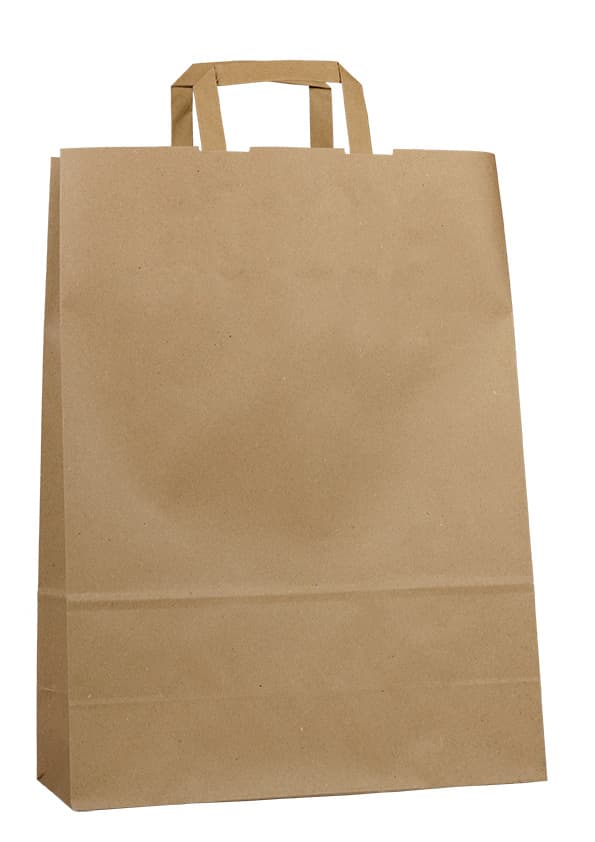 Papírová taška hnědá recyklovaná s hnědým plochým držadlem 32×13×42,5 cm