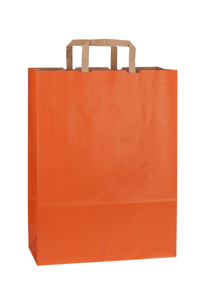 Papírová taška oranžová rýhovaná s hnědým plochým držadlem 32×13×42,5 cm