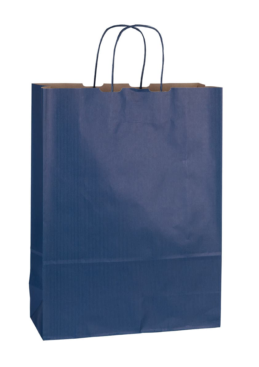 Papírová taška modrá rýhovaná s modrým krouceným držadlem 32×13×42,5 cm