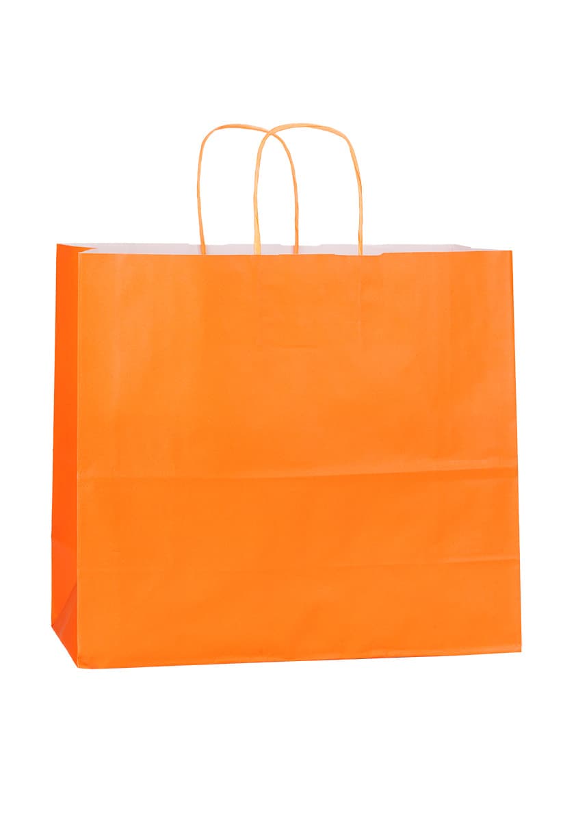 Papírová taška oranžová s oranžovým krouceným držadlem 32×13×28 cm