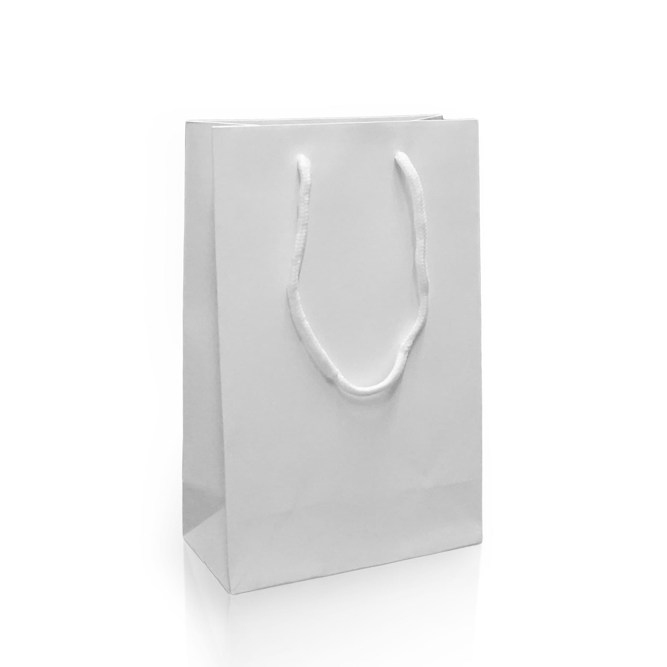 Papírová taška bílá matná s bílým textilním držadlem 16×8×25 cm