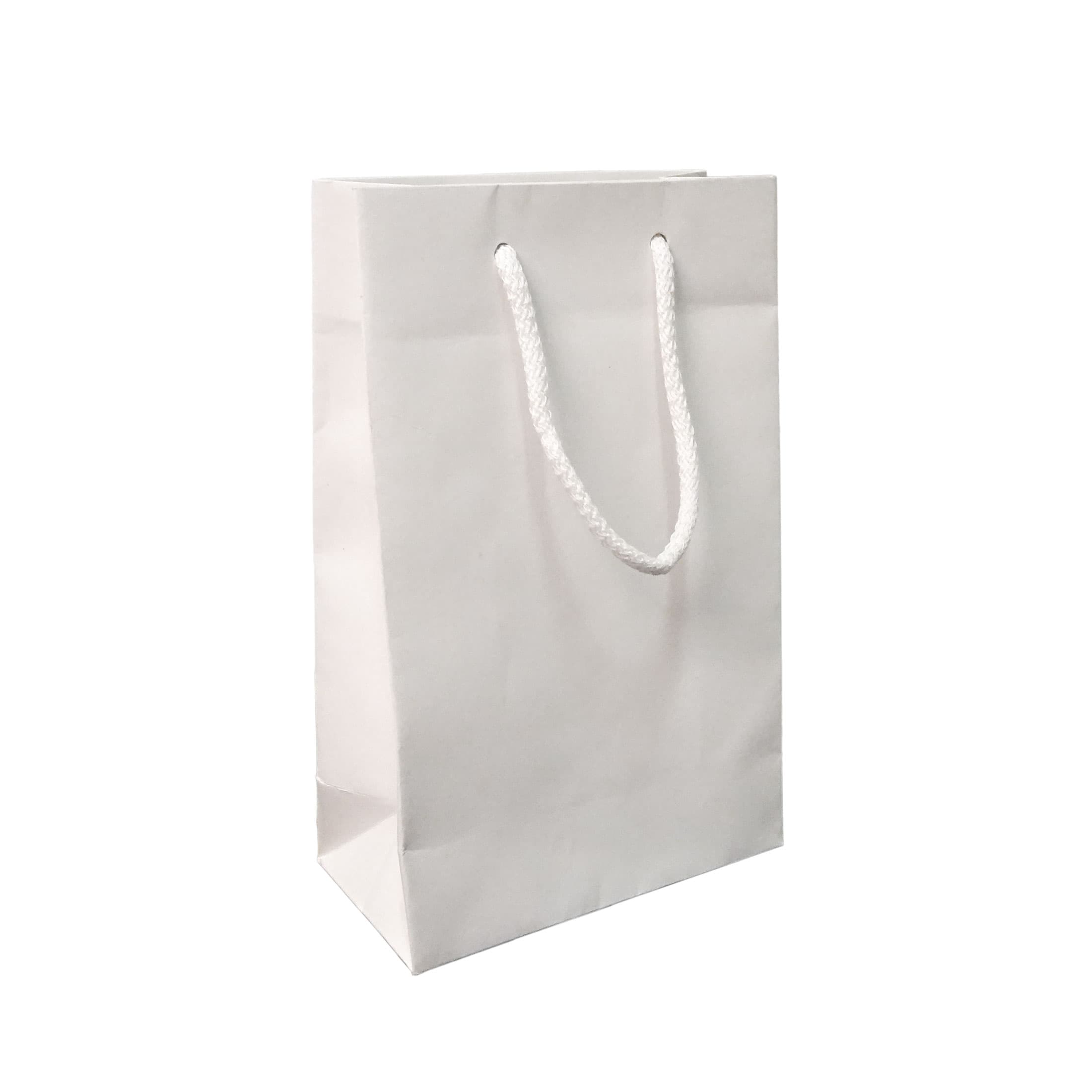 Papírová taška bílá recyklovaná s bílým textilním držadlem 16×8×25 cm