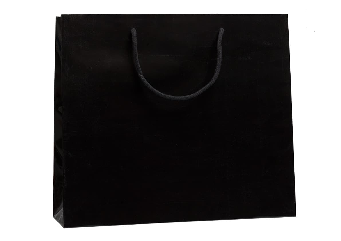 Papírová taška černá lesklá s černým textilním držadlem 38×13×31 cm