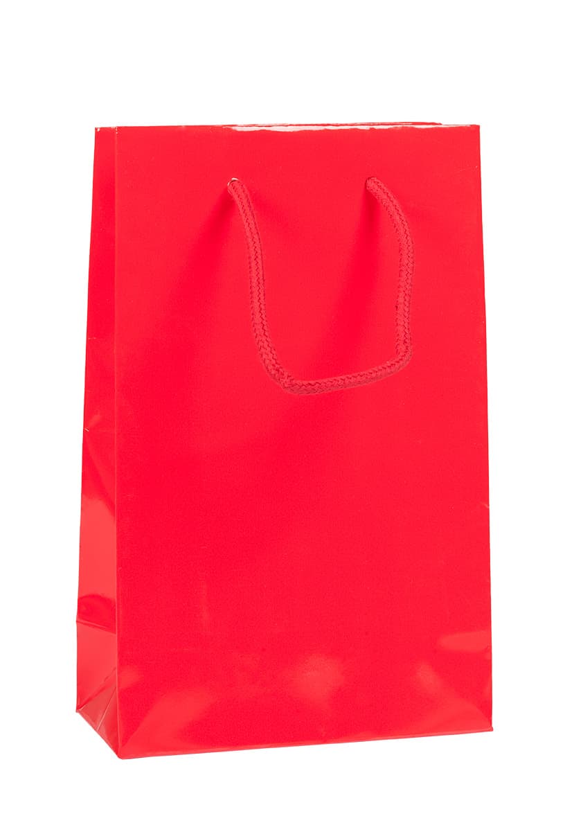 Papírová taška červená lesklá s červeným textilním držadlem 16×8×25 cm