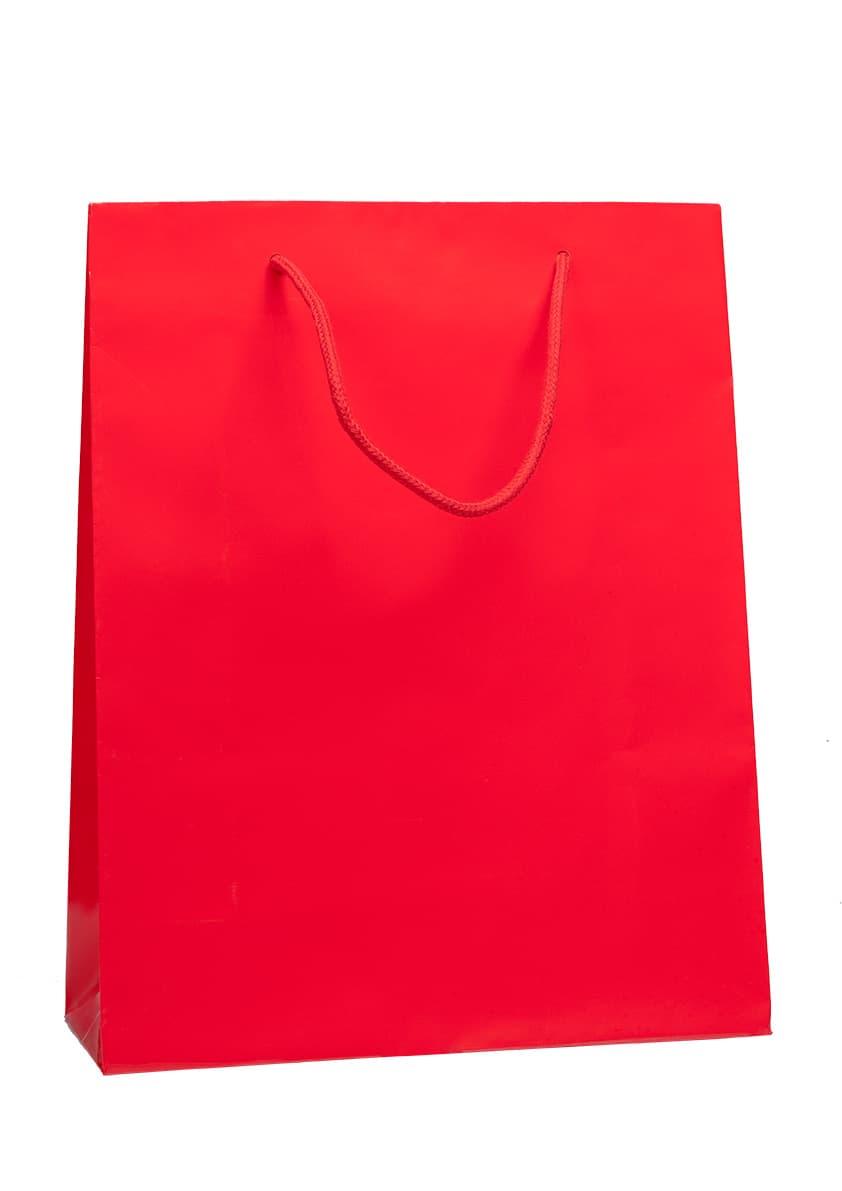 Papírová taška červená lesklá s červeným textilním držadlem 32×13×40 cm