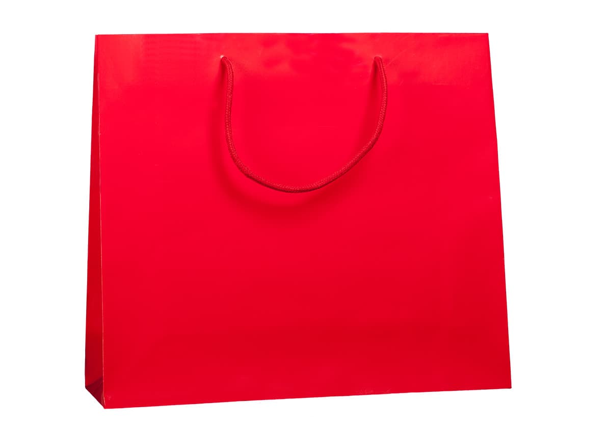 Papírová taška červená lesklá s červeným textilním držadlem 38×13×31 cm