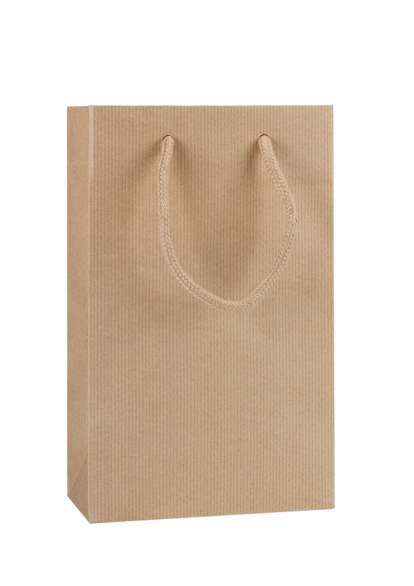 Papírová taška hnědá rýhovaná s hnědým textilním držadlem 16×8×25 cm