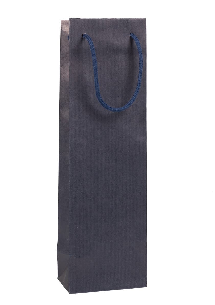 Papírová taška na víno modrá rýhovaná s modrým textilním držadlem 12×9×40 cm