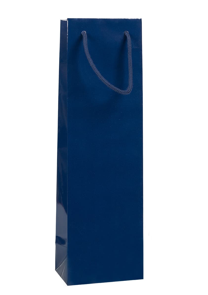 Papírová taška na víno modrá lesklá s modrým textilním držadlem 12×9×40 cm