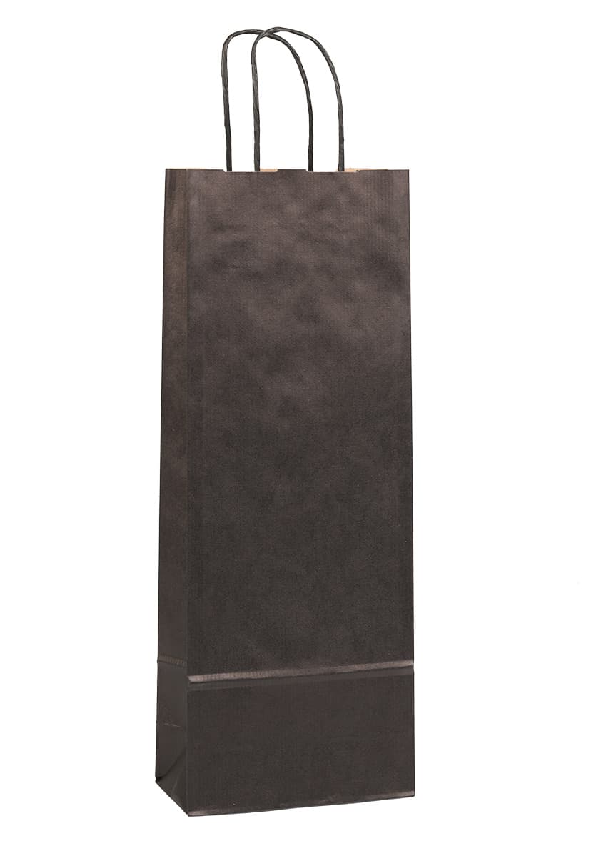 Papírová taška na víno černá rýhovaná s černým krouceným držadlem 15×8×40 cm