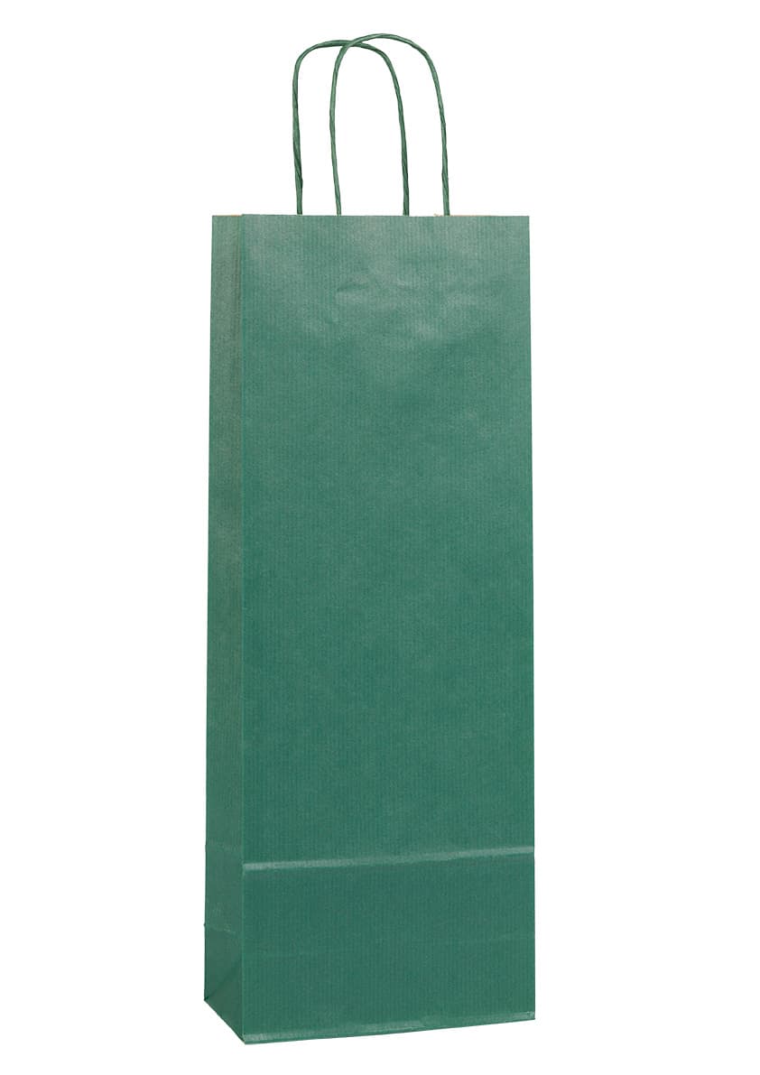 Papírová taška na víno zelená rýhovaná se zeleným krouceným držadlem 15×8×40 cm