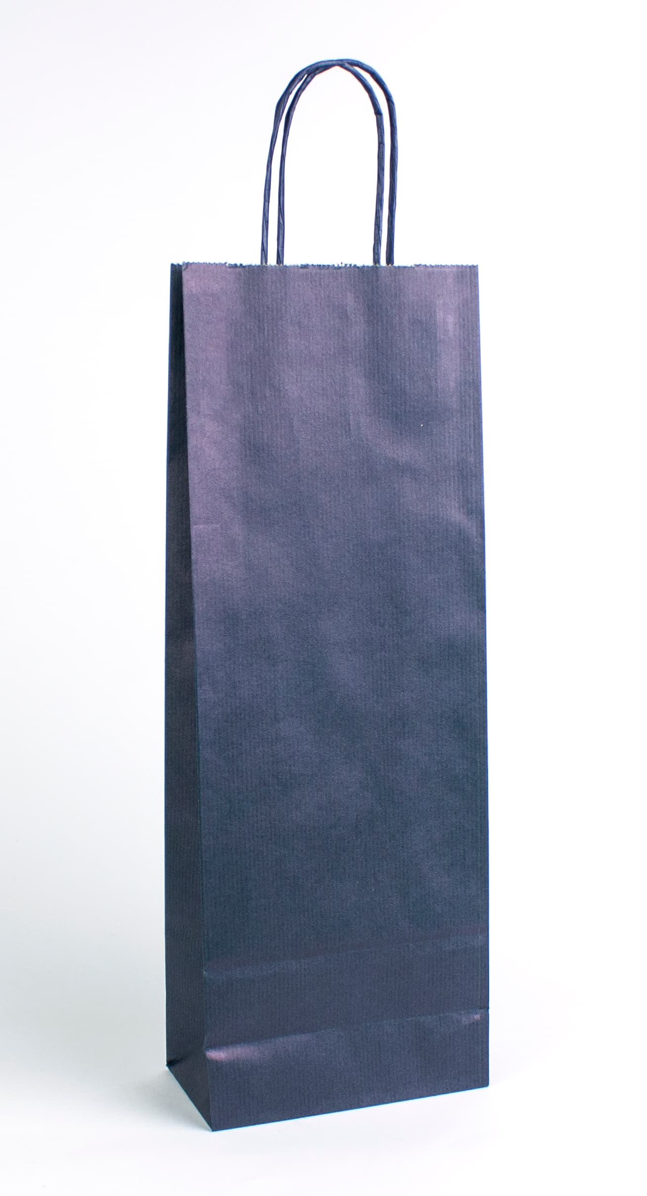 Papírová taška na víno modrá rýhovaná s modrým krouceným držadlem 14×8×39 cm