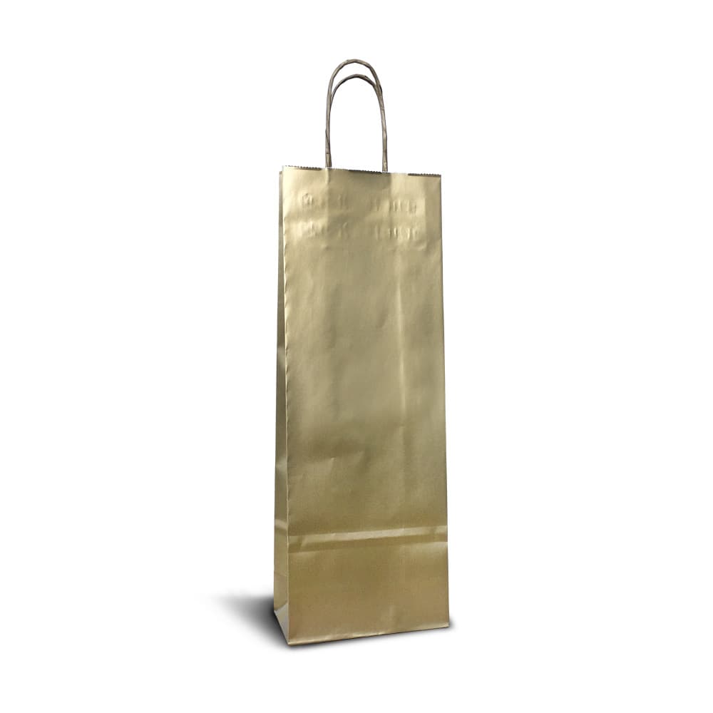Papírová taška na víno zlatá se zlatým krouceným držadlem 14×8×39 cm