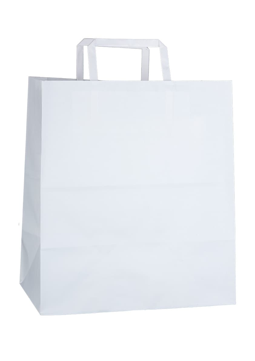 Papírová taška na menu box bílá s bílým plochým držadlem 26×16×29 cm