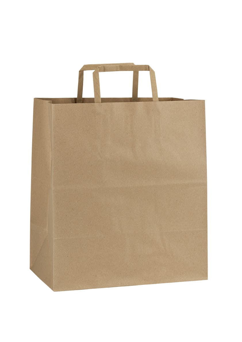 Papírová taška na menu box hnědá recyklovaná s hnědým plochým držadlem 26×16×29 cm