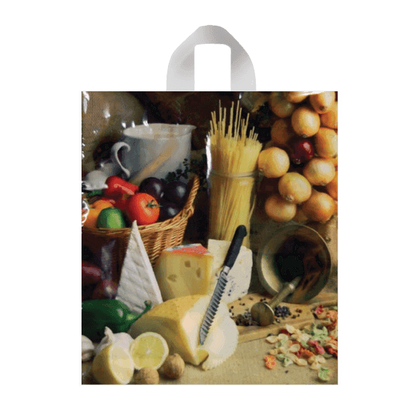 Igelitová taška LDPE s páskovým držadlem (PDD) 40×46 cm s potiskem „Potravinové zátiší“