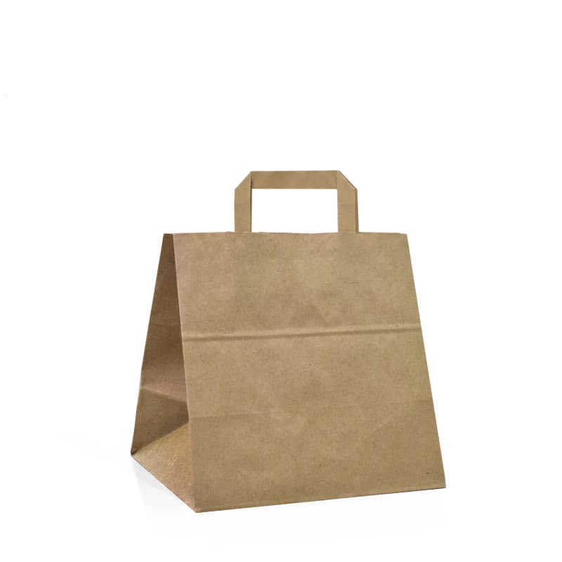 Papírová taška na menu box hnědá recyklovaná s hnědým plochým držadlem 28×17×27 cm