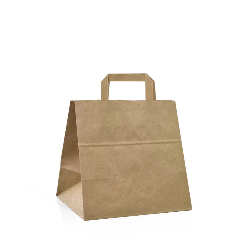 Papírová taška na menu box hnědá s hnědým plochým držadlem 28×17×27 cm