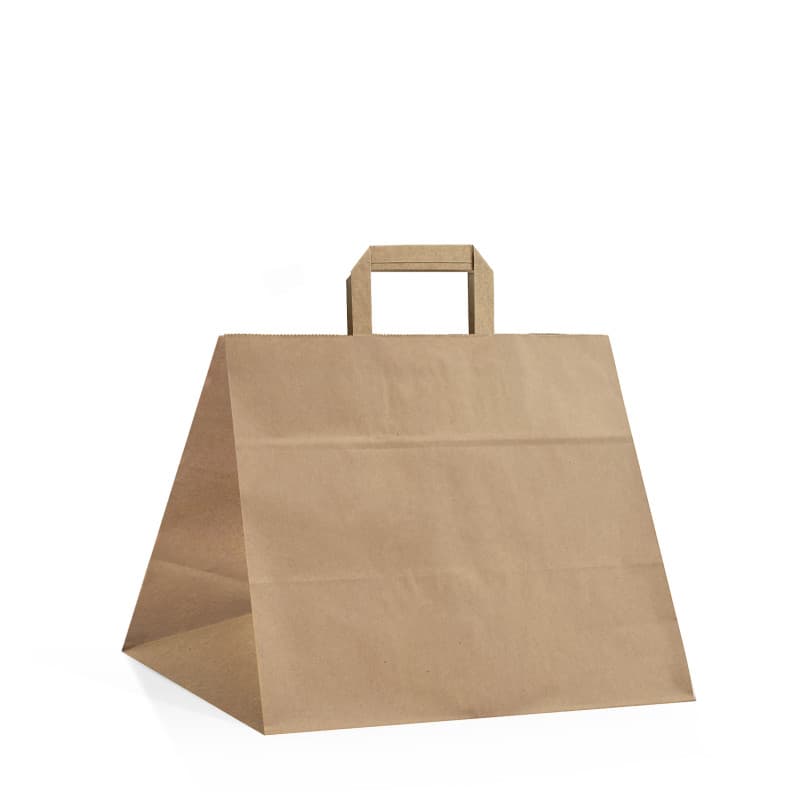 Papírová taška na menu box hnědá recyklovaná s hnědým plochým držadlem 32×21×26 cm