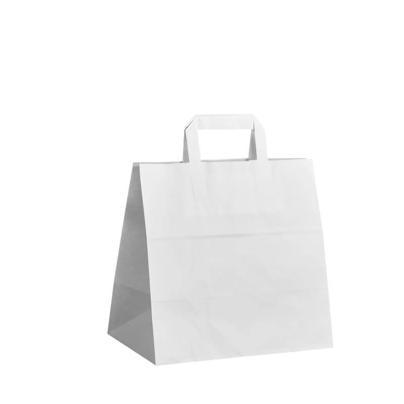 Papírová taška na menu box bílá s bílým plochým držadlem 28×17×27 cm