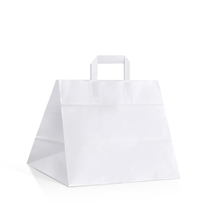 Papírová taška na menu box bílá s bílým plochým držadlem 32×22×29 cm