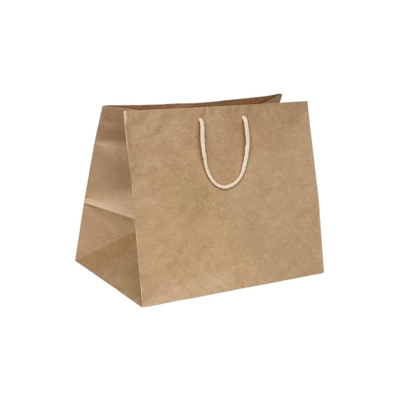 Papírová taška na menu box hnědá rýhovaná s hnědým bavlněným držadlem 34×22×28 cm