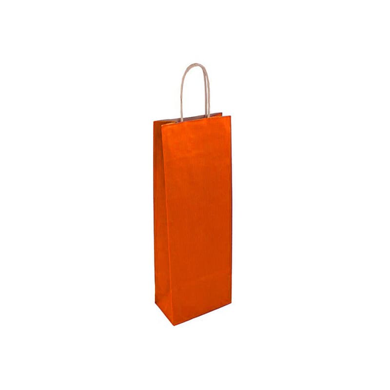 Papírová taška na víno červená rýhovaná s hnědým krouceným držadlem 14×8×39 cm