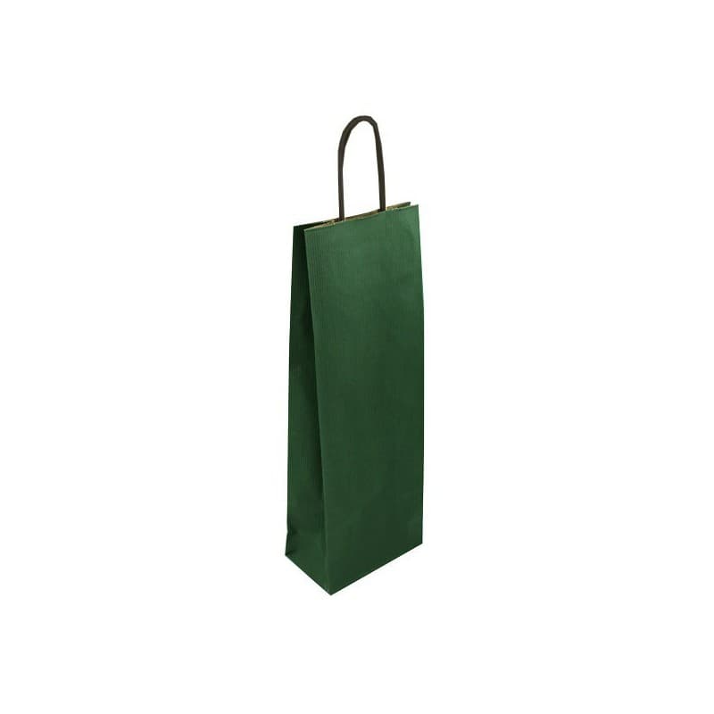 Papírová taška na víno zelená rýhovaná s černým krouceným držadlem 14×8×39 cm
