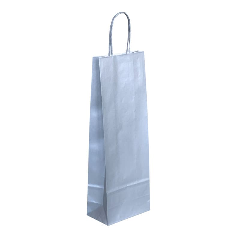 Papírová taška na víno stříbrná se stříbrným krouceným držadlem 14×8×39 cm