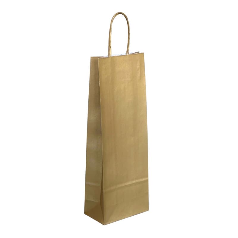 Papírová taška na víno zlatá se zlatým krouceným držadlem 14×8×39 cm
