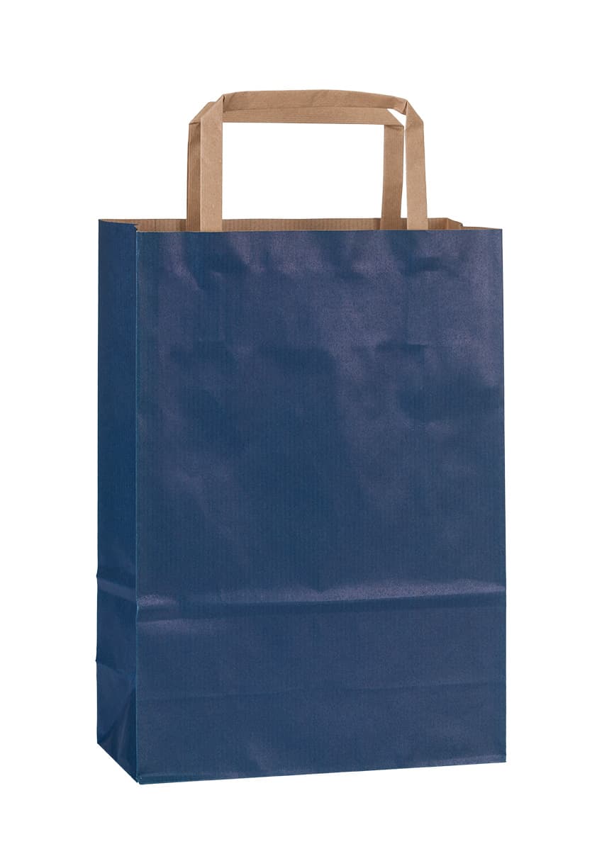 Papírová taška modrá rýhovaná s hnědým plochým držadlem 18×8×25 cm