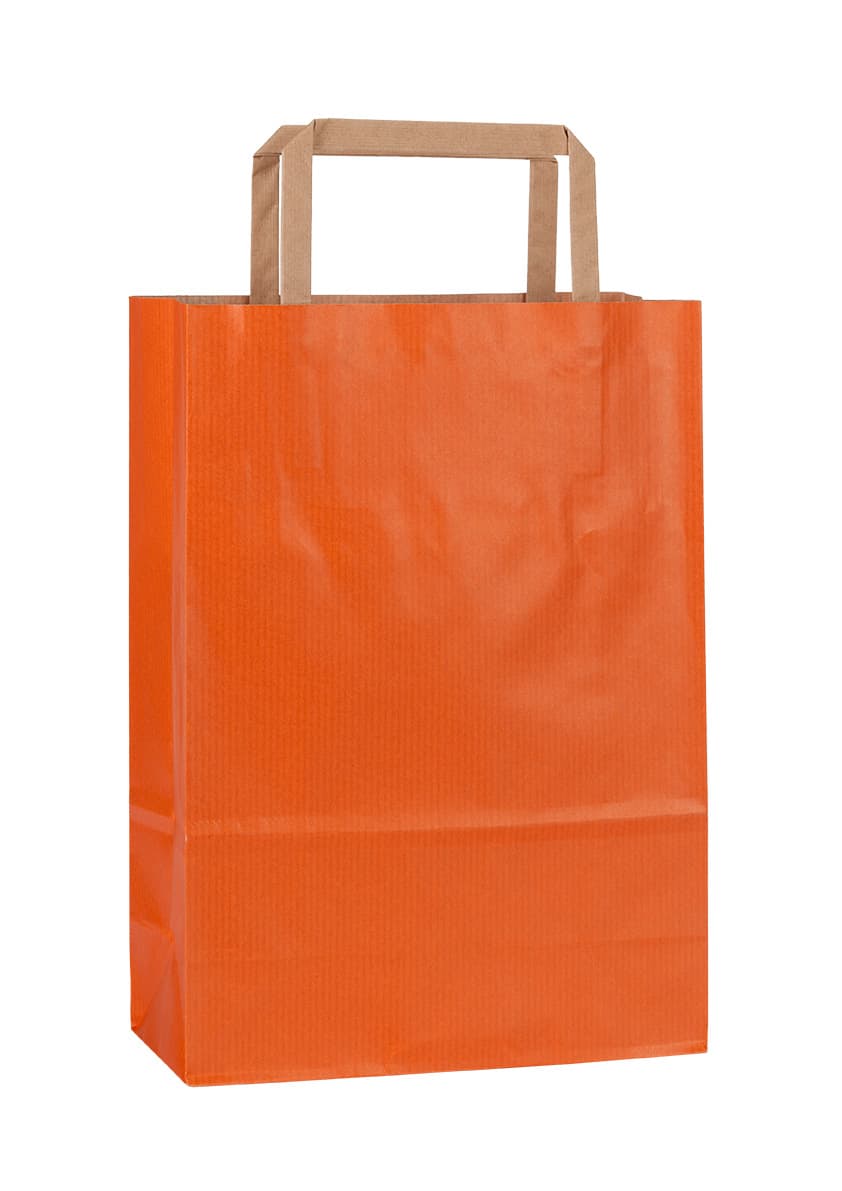 Papírová taška oranžová rýhovaná s hnědým plochým držadlem 18×8×25 cm