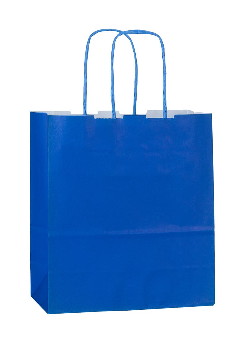 Papírová taška modrá s modrým krouceným držadlem 18×8×25 cm