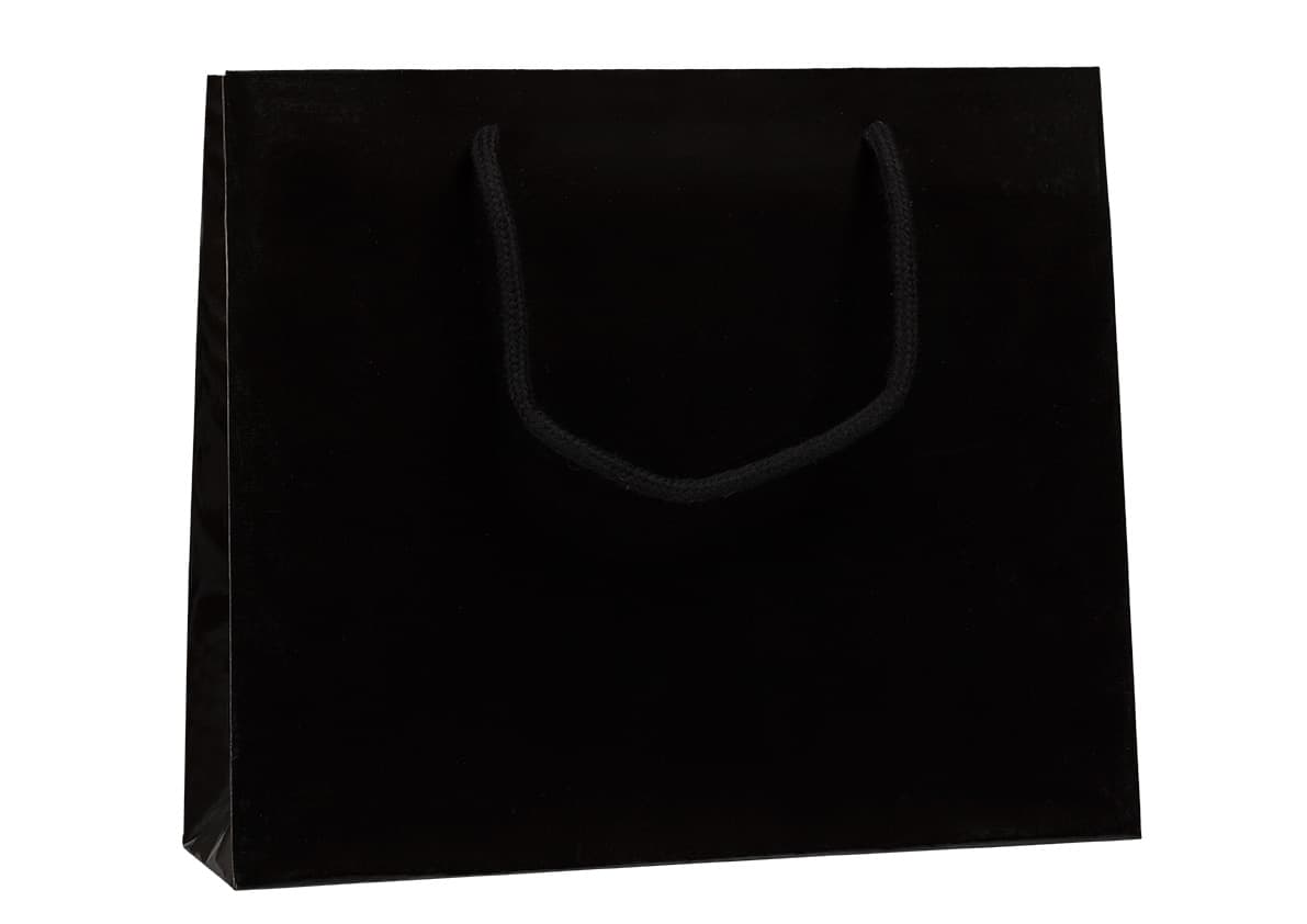 Papírová taška černá lesklá s černým textilním držadlem 32×10×27,5 cm