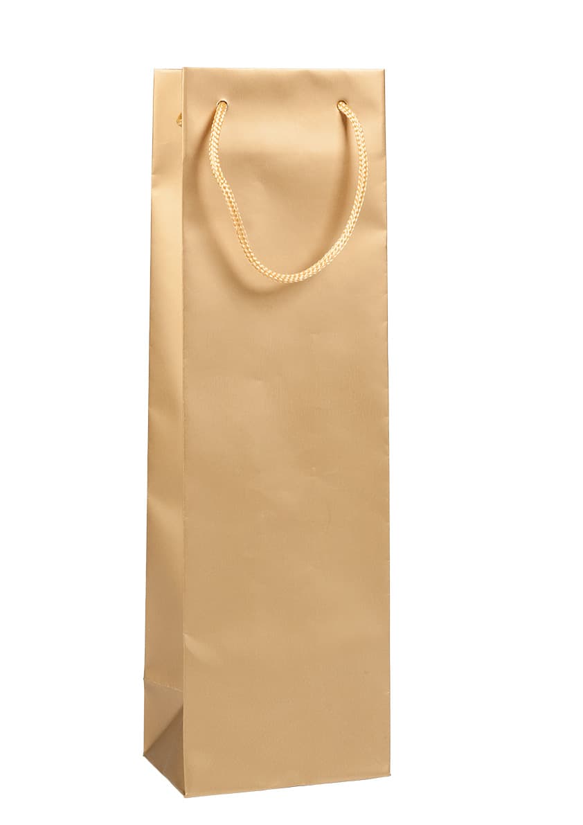Papírová taška na víno zlatá matná se zlatým textilním držadlem 12×9×40 cm