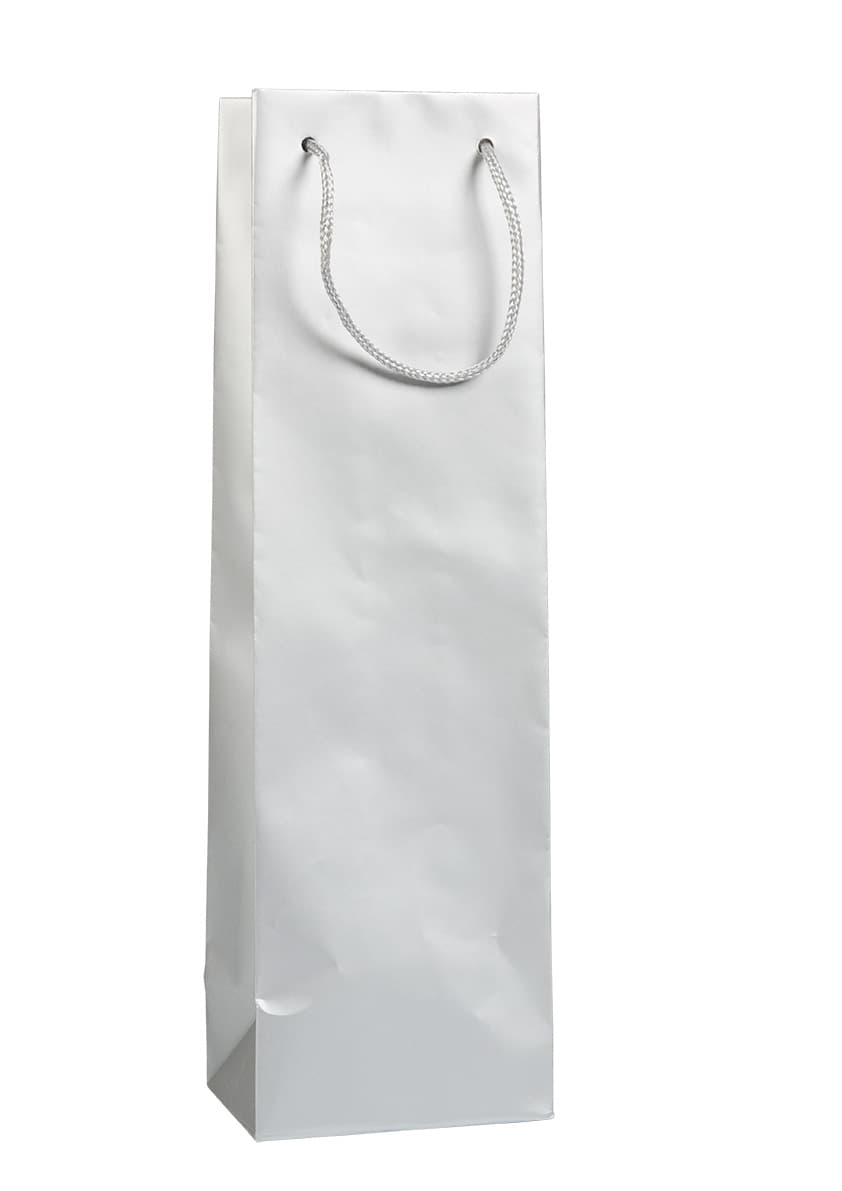 Papírová taška na víno stříbrná matná se stříbrným textilním držadlem 12×9×40 cm