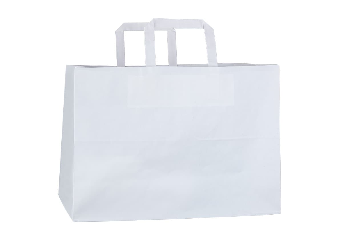 Papírová taška na menu box bílá s bílým plochým držadlem 35×23×25 cm