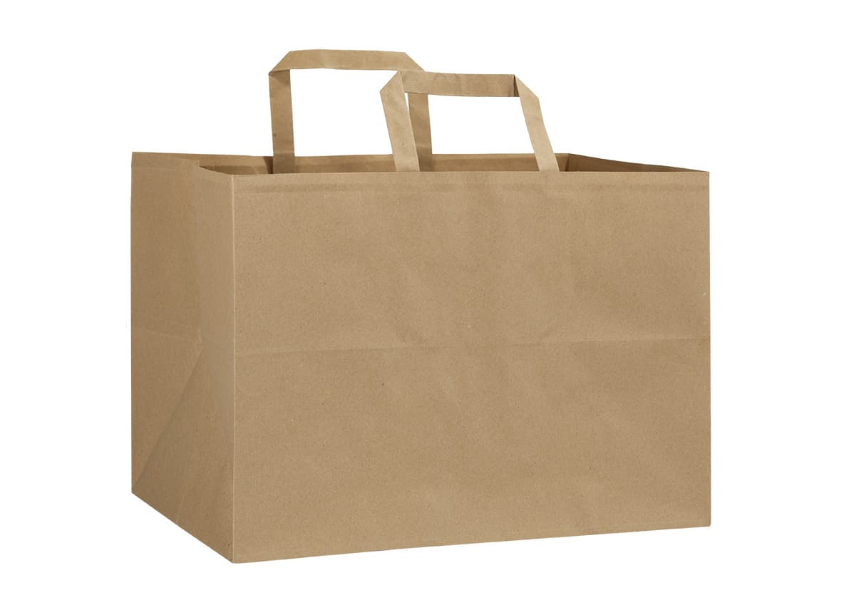 Papírová taška na menu box hnědá recyklovaná s hnědým plochým držadlem 35×23×25 cm