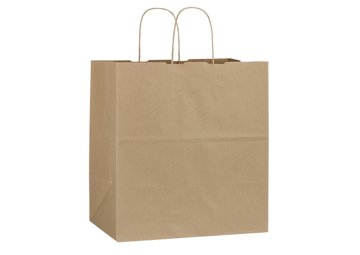 Papírová taška na menu box hnědá recyklovaná s hnědým krouceným držadlem 32×19×34 cm