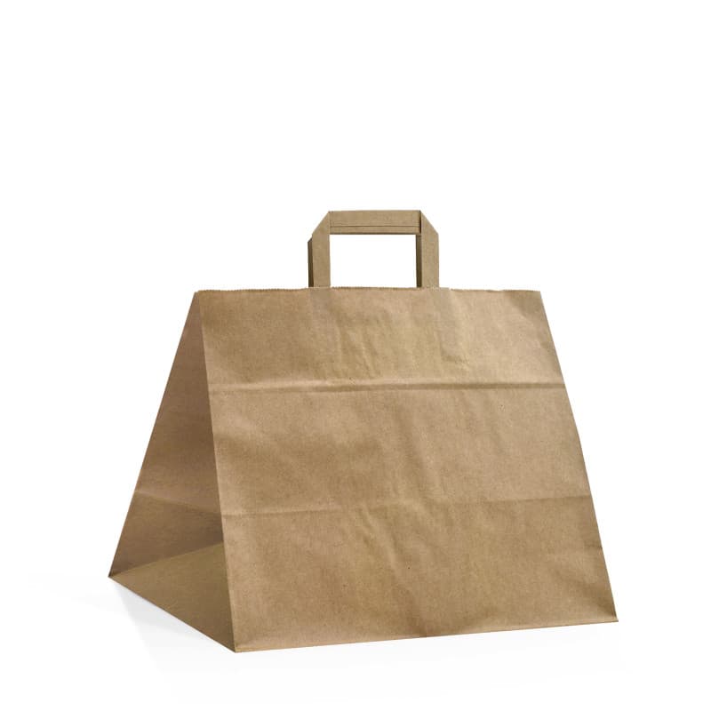 Papírová taška na menu box hnědá recyklovaná s hnědým plochým držadlem 32×20×28 cm