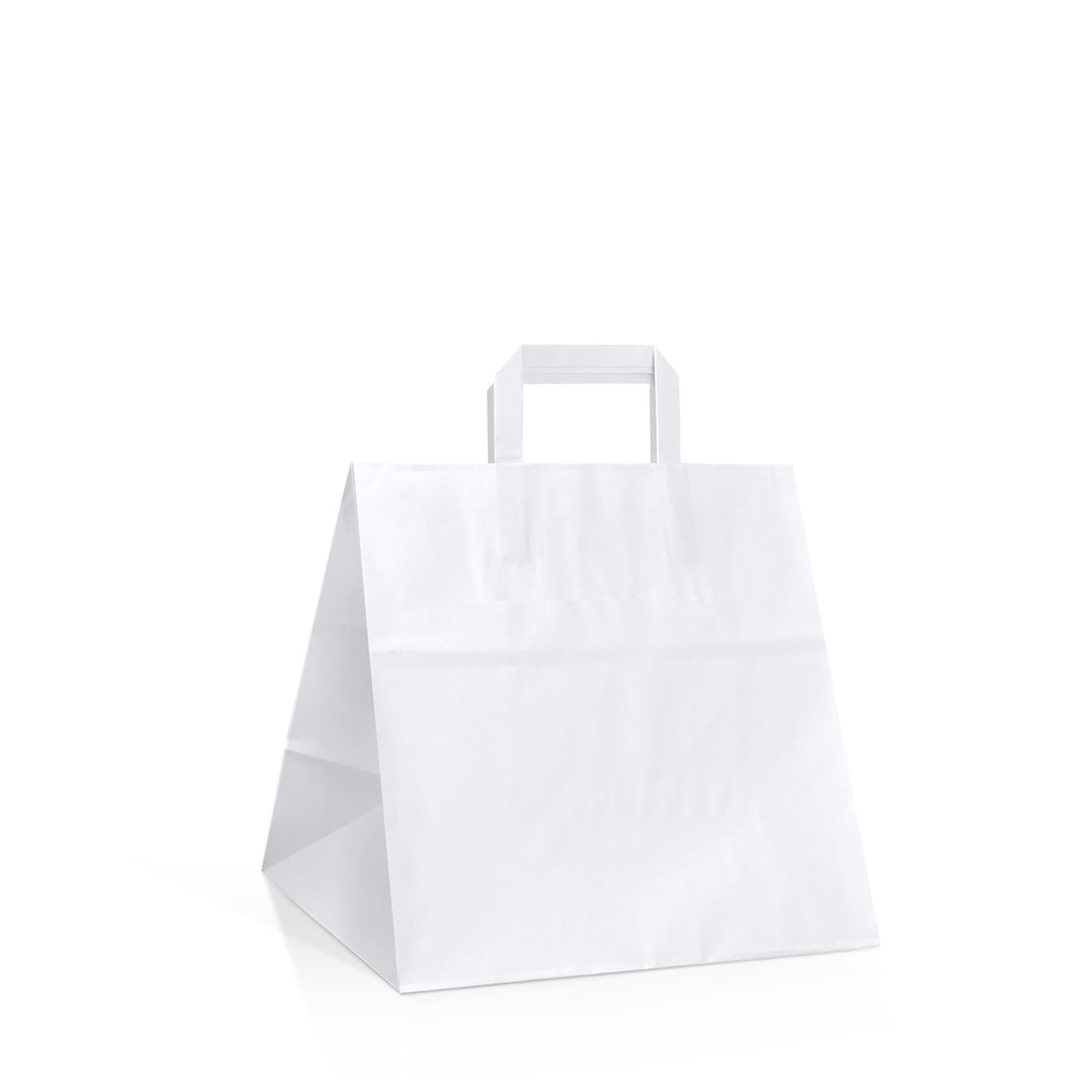 Papírová taška na menu box bílá s bílým plochým držadlem 28×17×27 cm