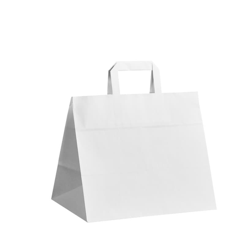 Papírová taška na menu box bílá s bílým plochým držadlem 32×20×28 cm