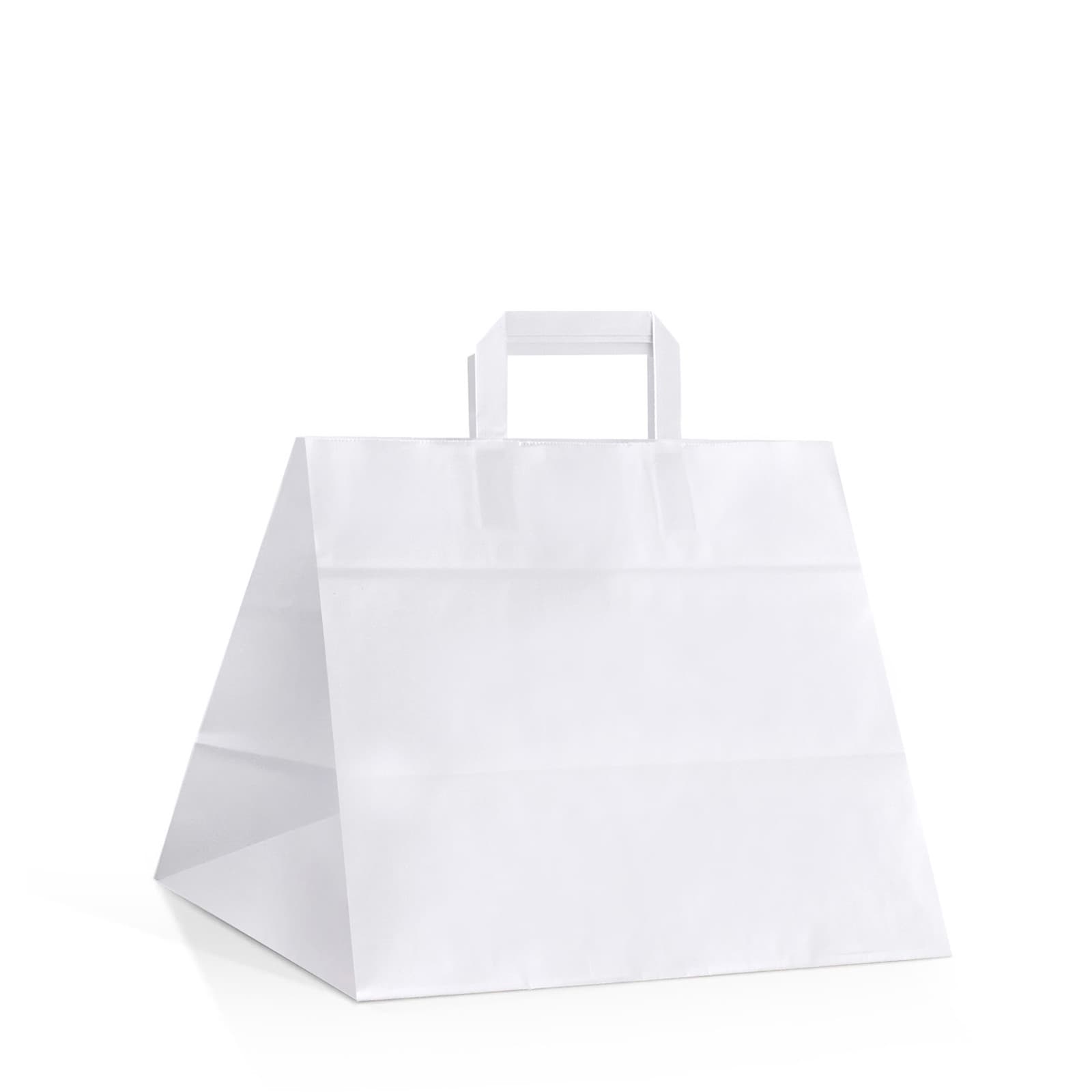 Papírová taška na menu box bílá s bílým plochým držadlem 32×20×28 cm