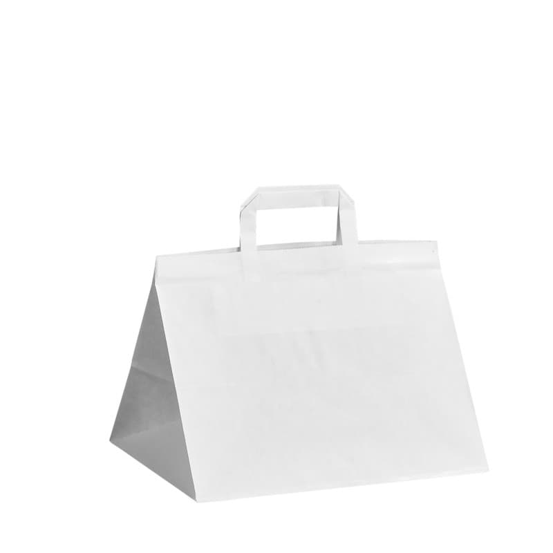 Papírová taška na menu box bílá s bílým plochým držadlem 32×22×24 cm