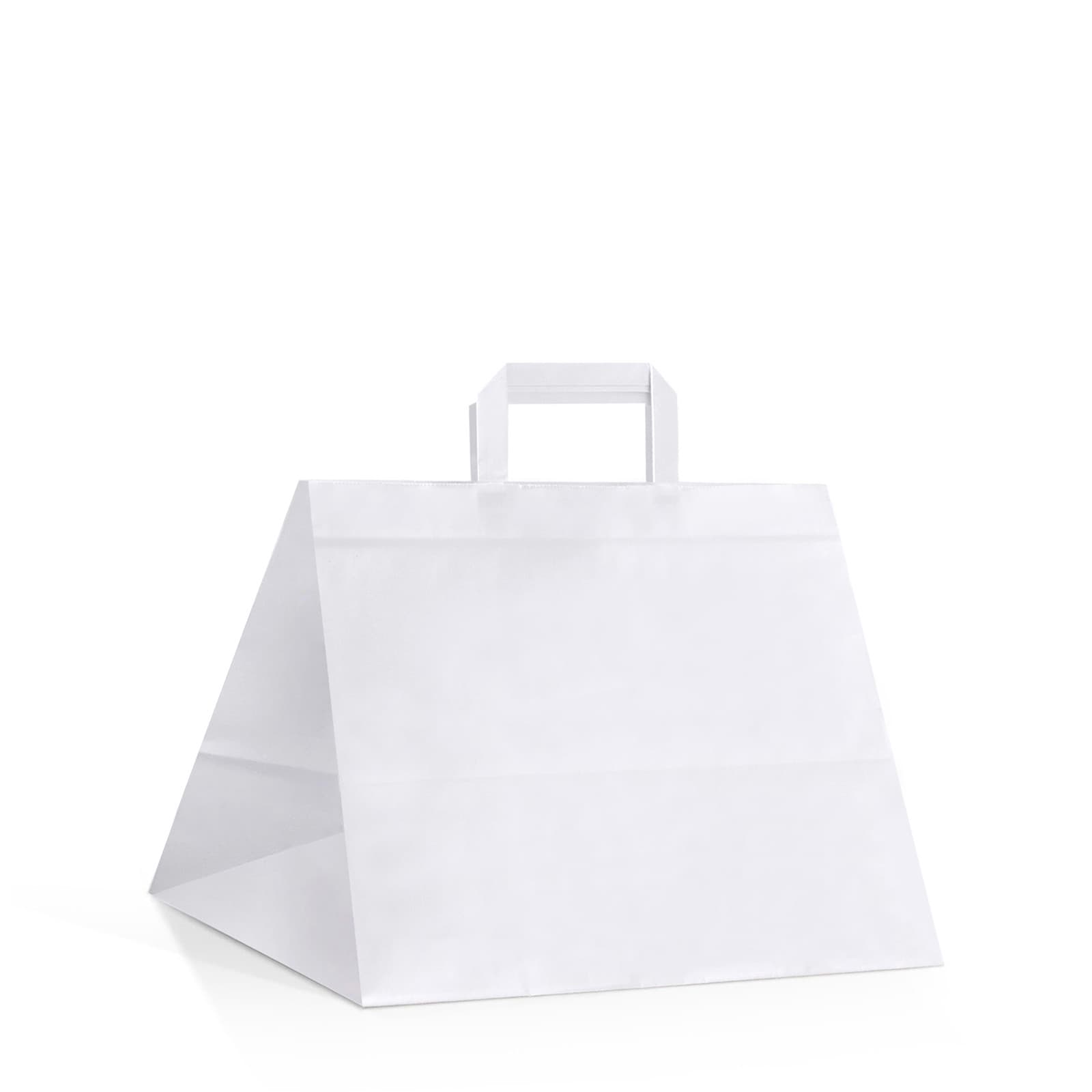 Papírová taška na menu box bílá s bílým plochým držadlem 32×22×24 cm