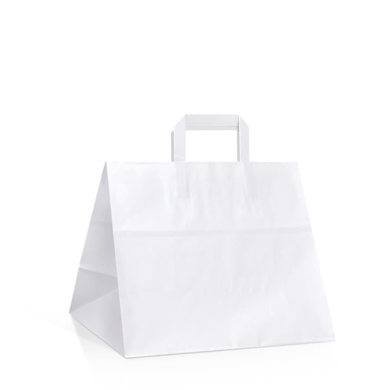 Papírová taška na menu box bílá s bílým plochým držadlem 32×17×27 cm