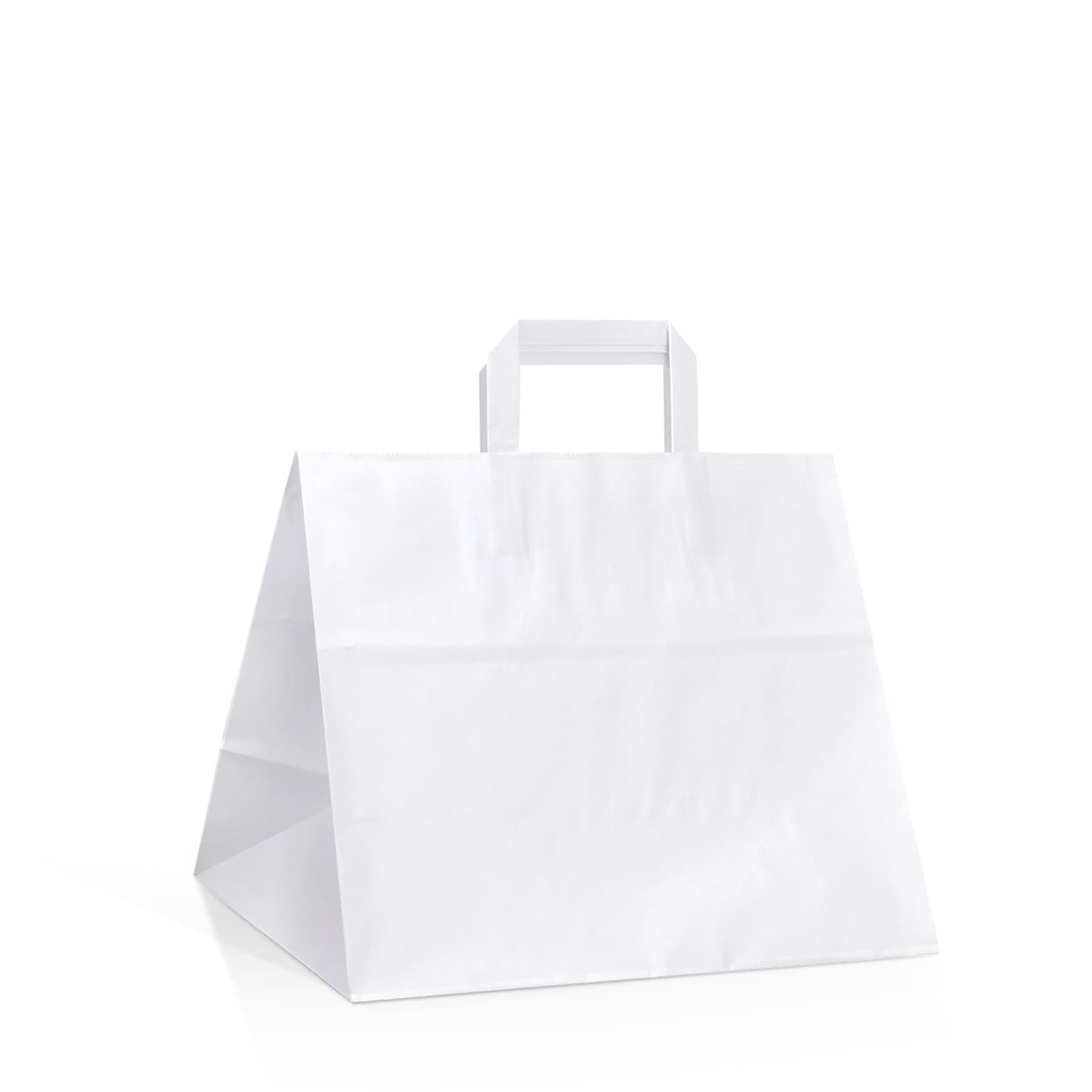 Papírová taška na menu box bílá s bílým plochým držadlem 32×17×27 cm
